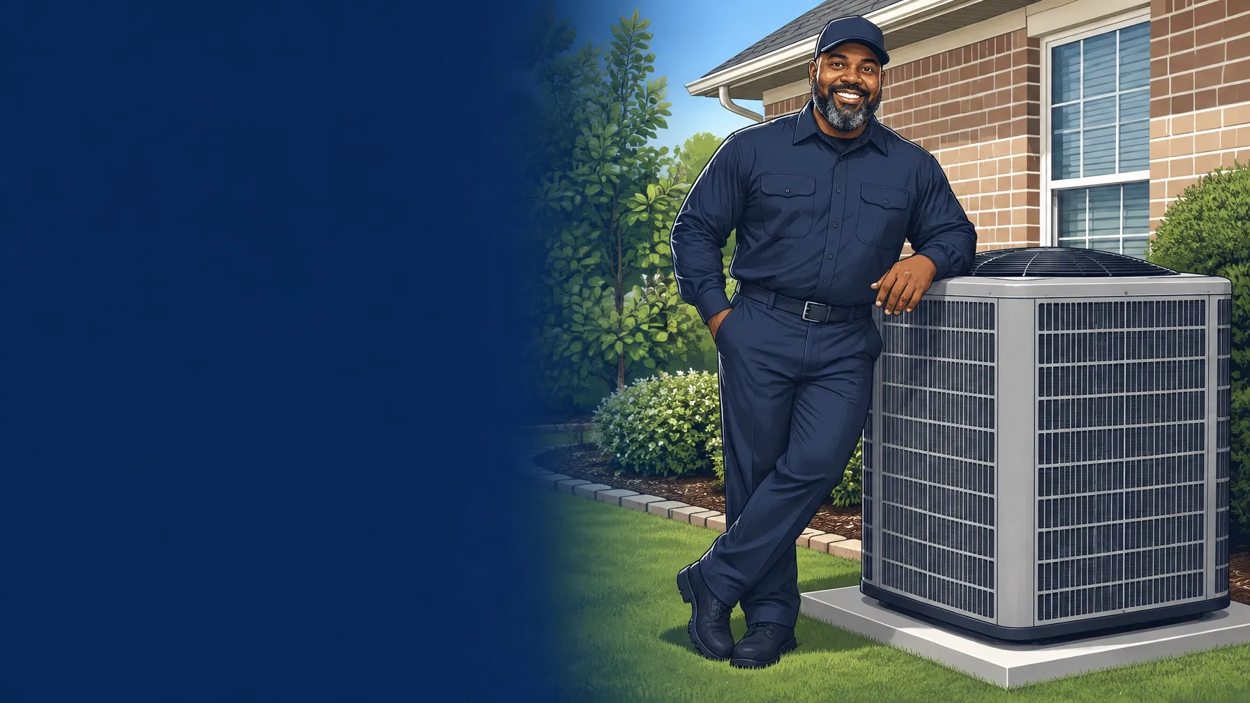 Illustrated SuperiAir technician beside a residential air conditioning unit