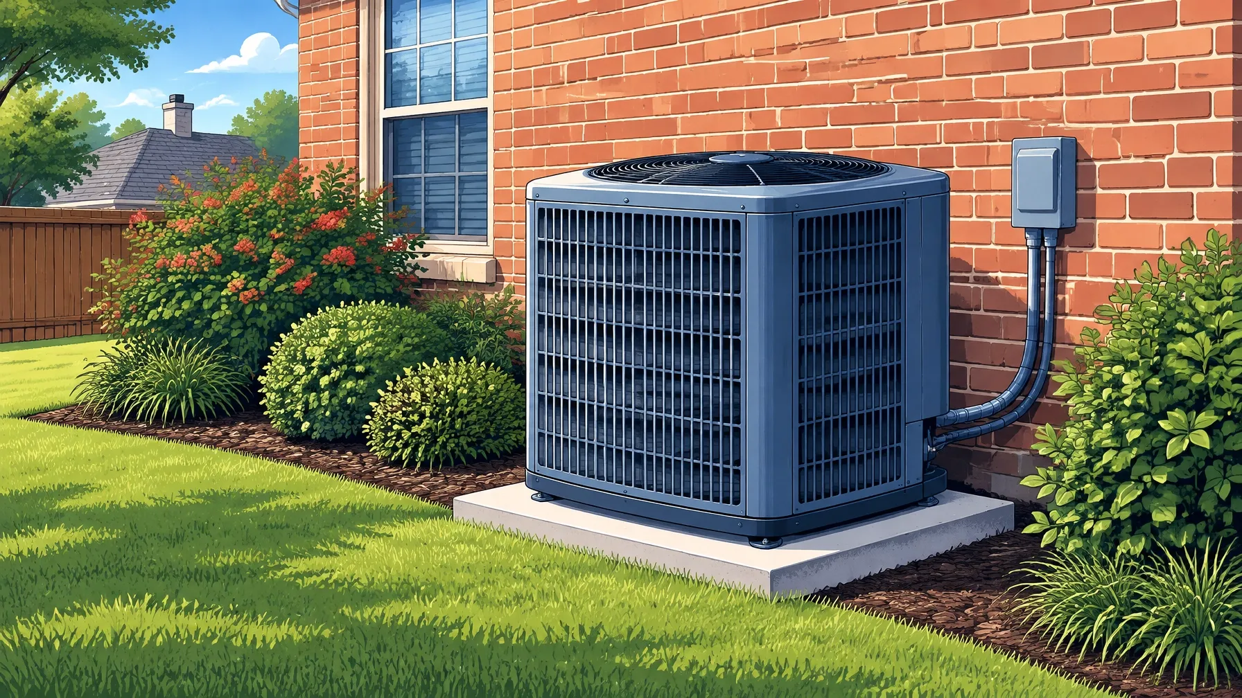 Illustrated residential HVAC condenser beside a Texas home